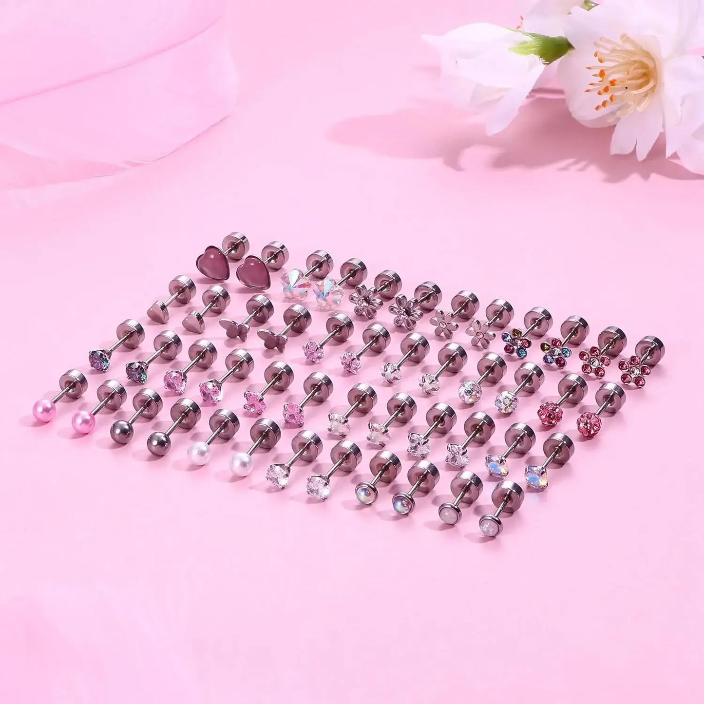 24-Pair Stainless Steel Screw Back Stud Earrings Set for Women & Girls