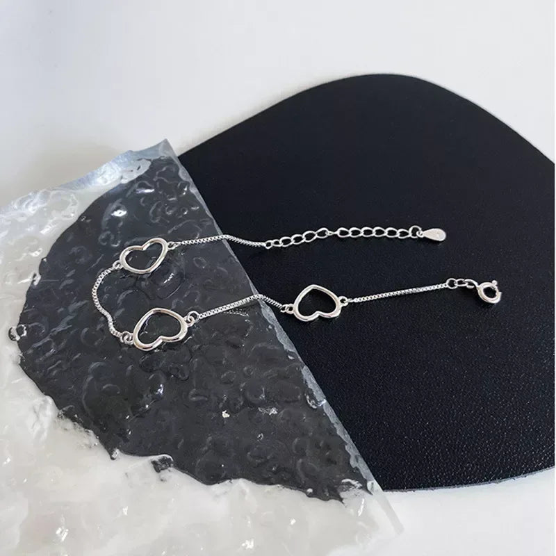 Sterling Silver Double Love Heart Hollow Round Beads Bracelet 7751-C