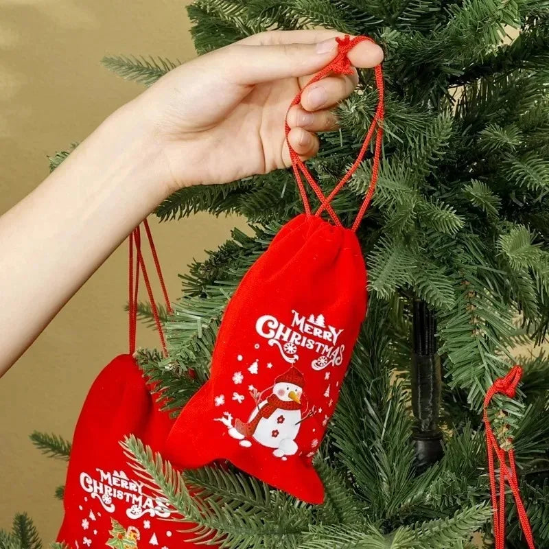 Red Christmas Velvet Bags Santa Candy Snack Drawstring Pouch