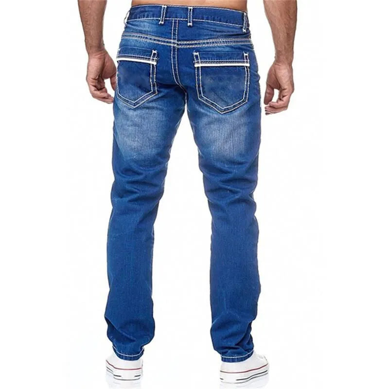 Men Jeans Solid Pockets Stretch Denim Straight Pants