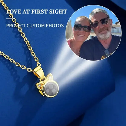 Custom Photo Projection Necklace Cat Zircon Ear Pendant Rose Gold / United States / 45cm