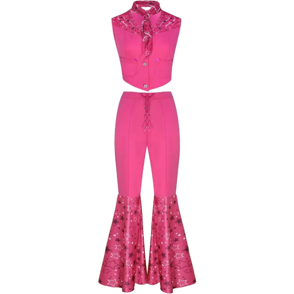 Movie Barbie Cosplay Costume – Rose Red Bell Bottom Suit with Accessories