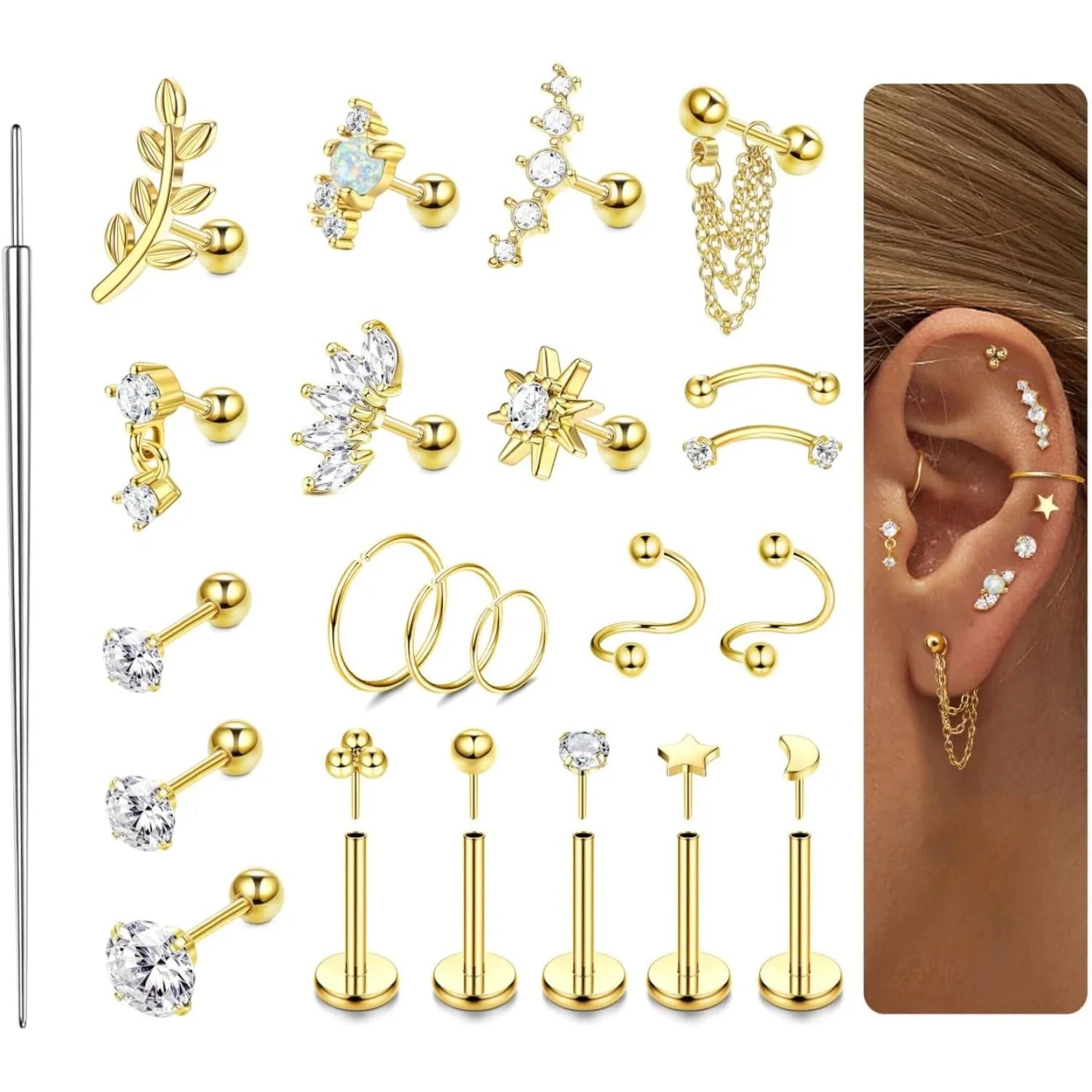 22-Piece 16G Cartilage Earrings Set for Women – Surgical Stainless Steel Helix & Nose Piercing Jewelry