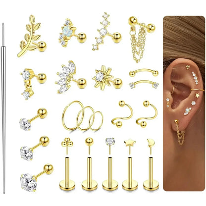 22-Piece 16G Cartilage Earring Set for Women–Surgical Stainless Steel United States / Silver