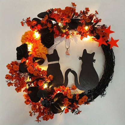 Black Cat Halloween Wreath – Crescent Spooky Front Door Décor White / United States