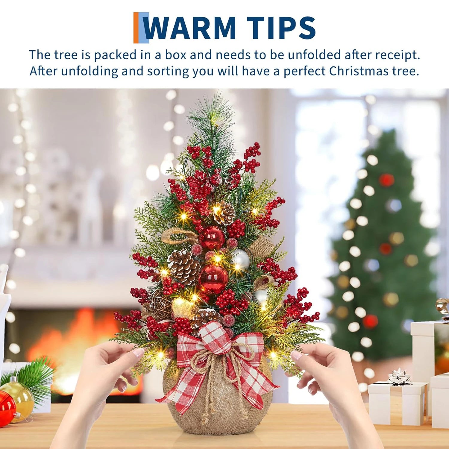 24-Inch Pre-Lit Mini Christmas Tree with red berries and pine cones, perfect for festive tabletops.