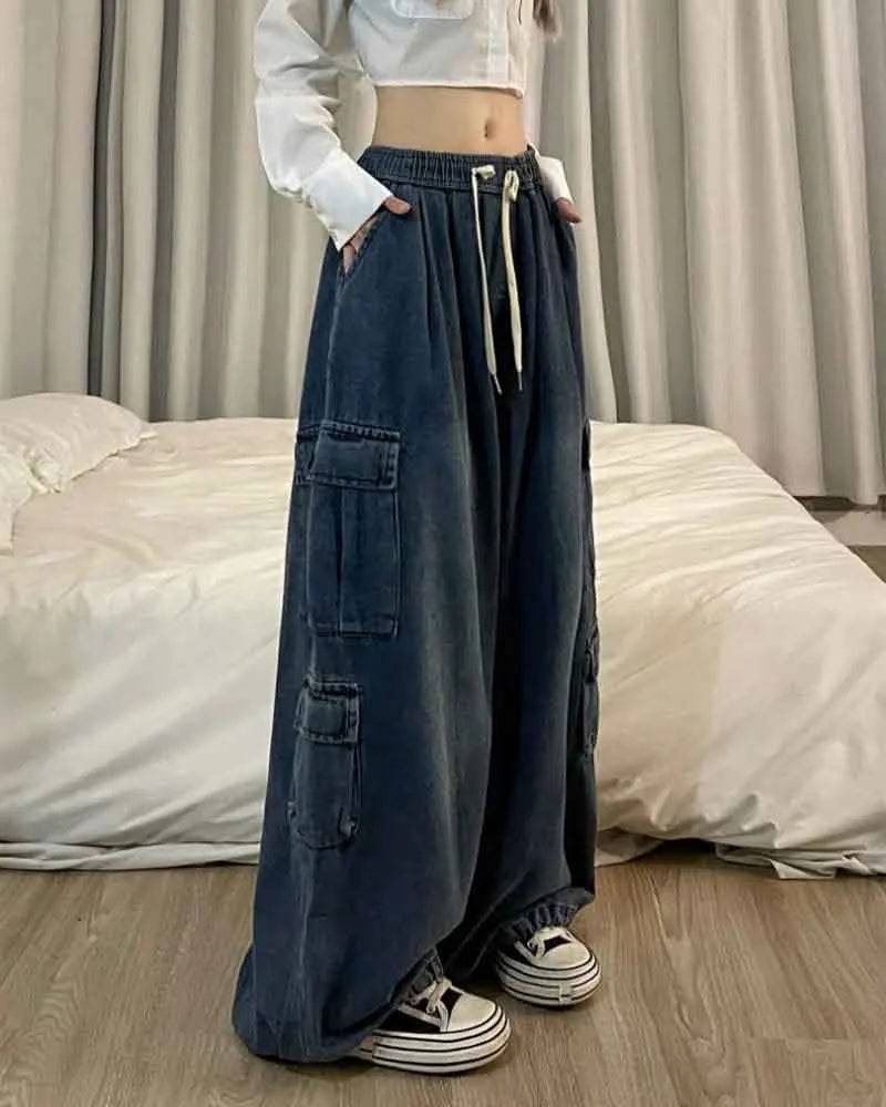 Elastic Waist Straight Wide Leg Pants Oversized Baggy Denim Trousers