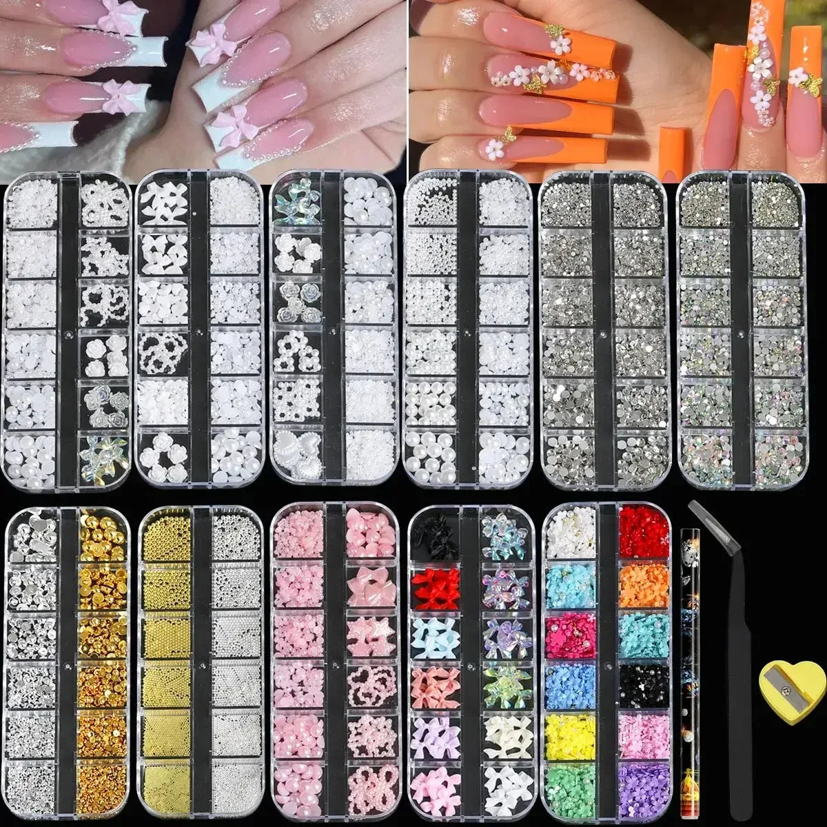 11 Boxes 3D Nail Art Decoration Set with Pearls, Rhinestones & Resin Flowers 11BOX / United States