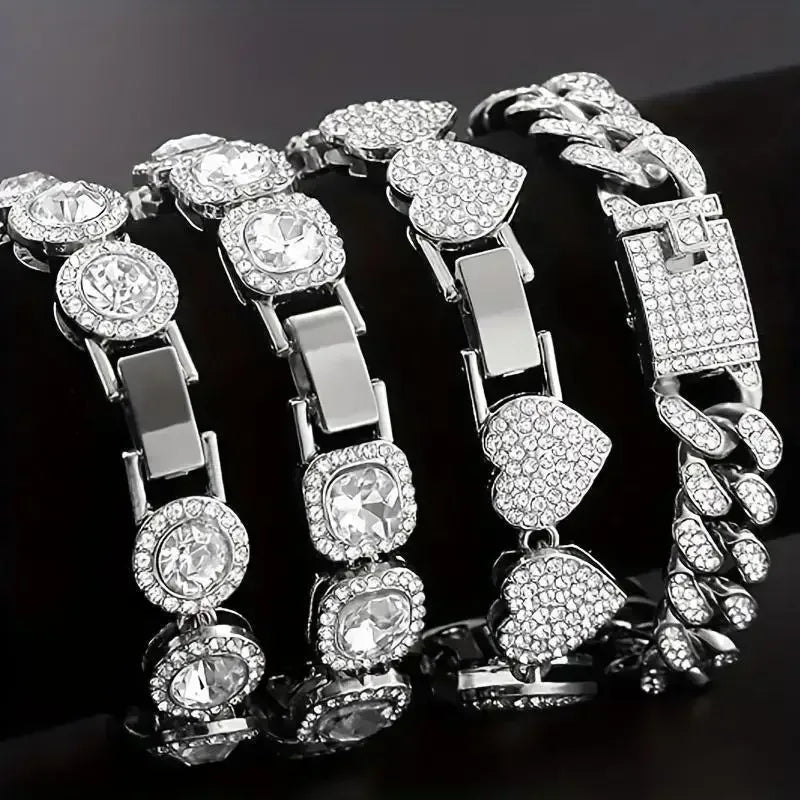 4 Piece Heart Shape Cuban Tenni Bracelet Set for Women United States / SILVER