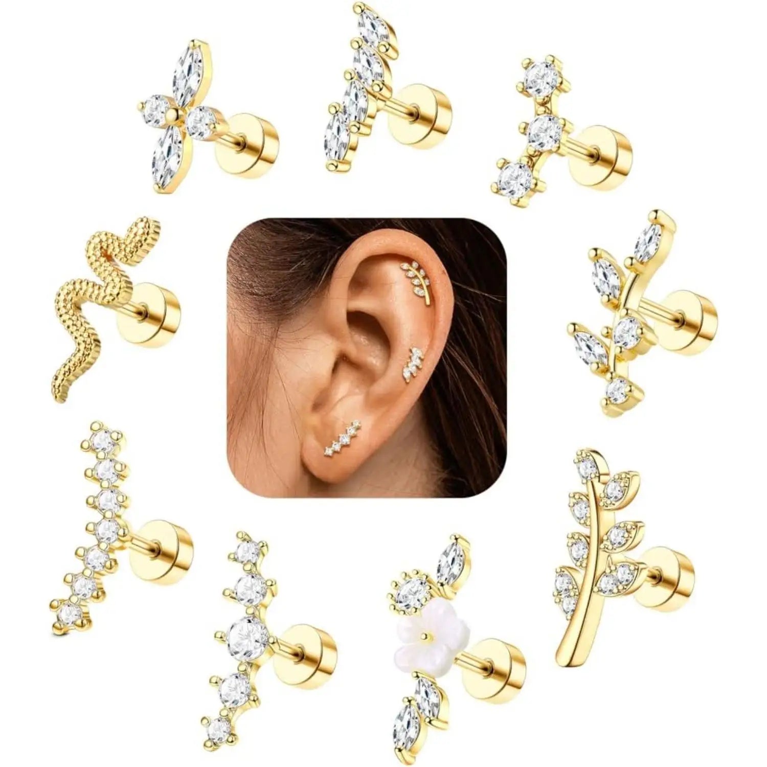 9PCS Surgical Stainless Steel Cartilage Earrings Set – CZ Flat Back Studs for Helix, Daith, Tragus Piercing