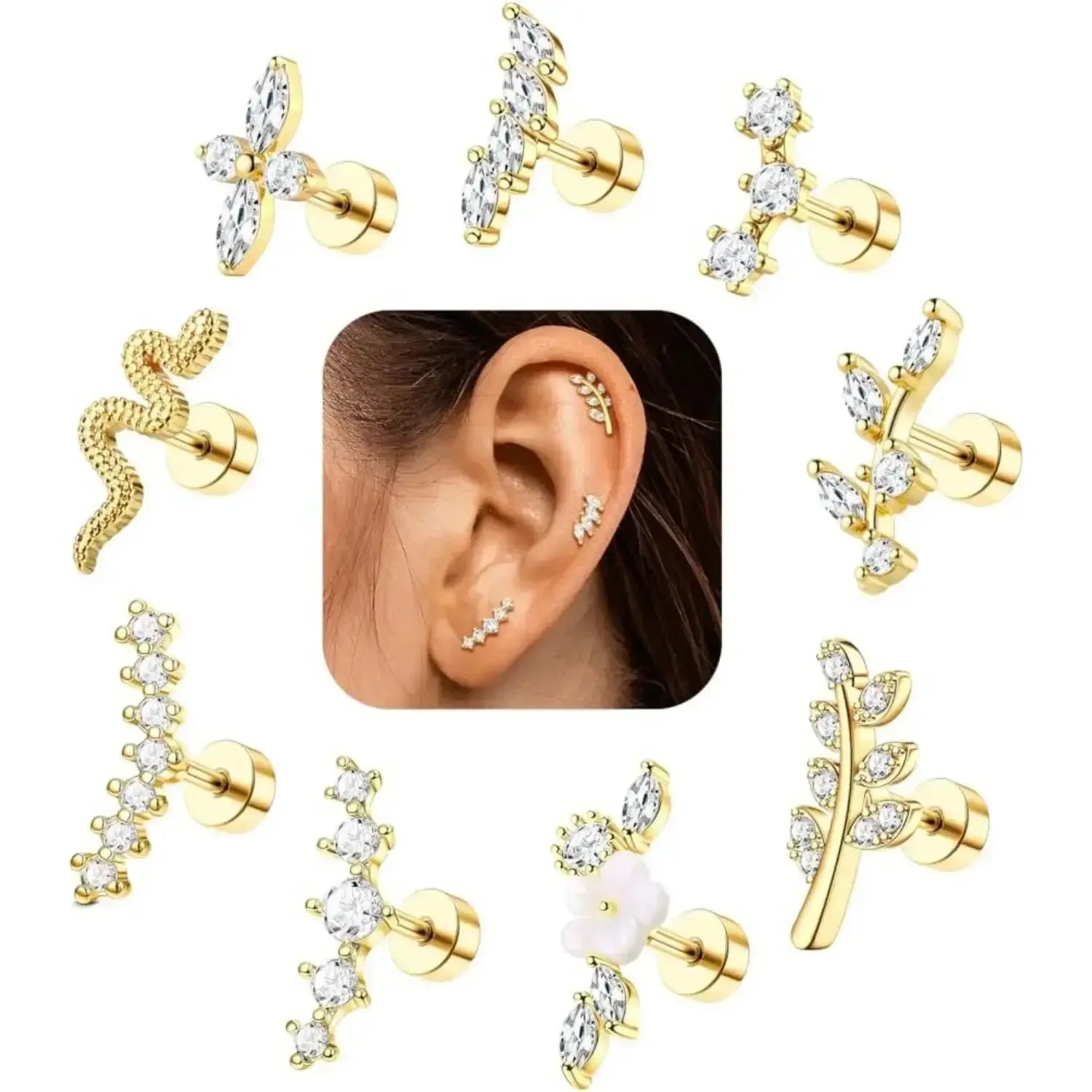 9PCS Surgical Stainless Steel Cartilage Earrings Set – CZ Flat Back Studs for Helix, Daith, Tragus Piercing United States / 18G / Gold
