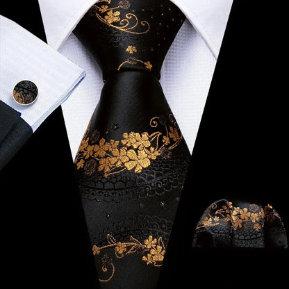 Black & Gold Floral Jacquard Men’s Tie Set – Necktie, Pocket Square & Cufflinks United States