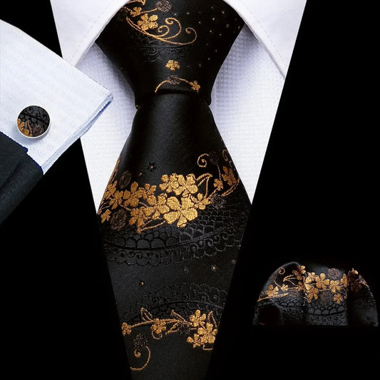 Black & Gold Floral Jacquard Men’s Tie Set – Necktie, Pocket Square & Cufflinks United States