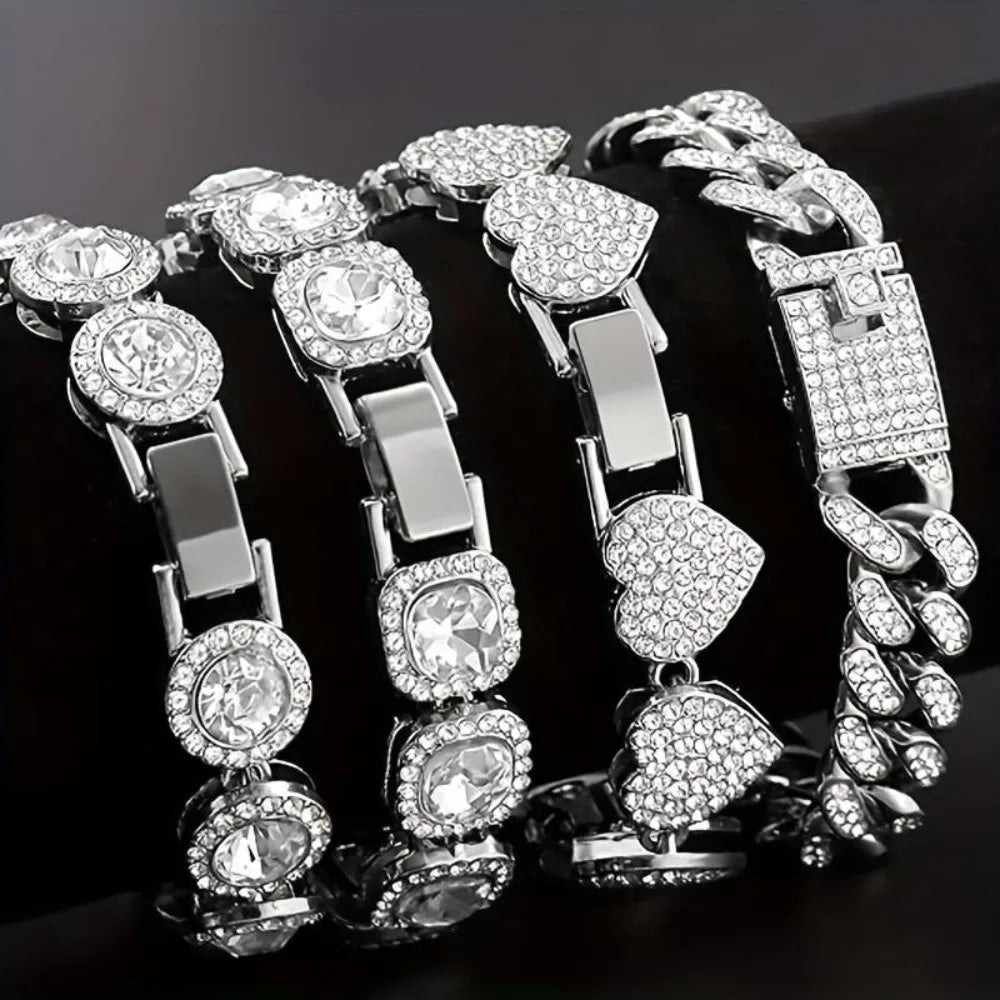 4 Piece Heart Shape Cuban Tenni Bracelet Set for Women