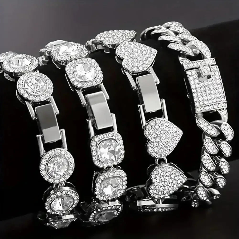 4 Piece Heart Shape Cuban Tenni Bracelet Set for Women United States / SILVER