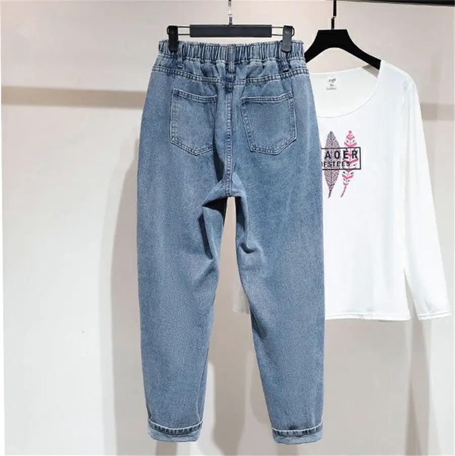 High Waist Elastic Waist Ankle-length Harem Denim Pants