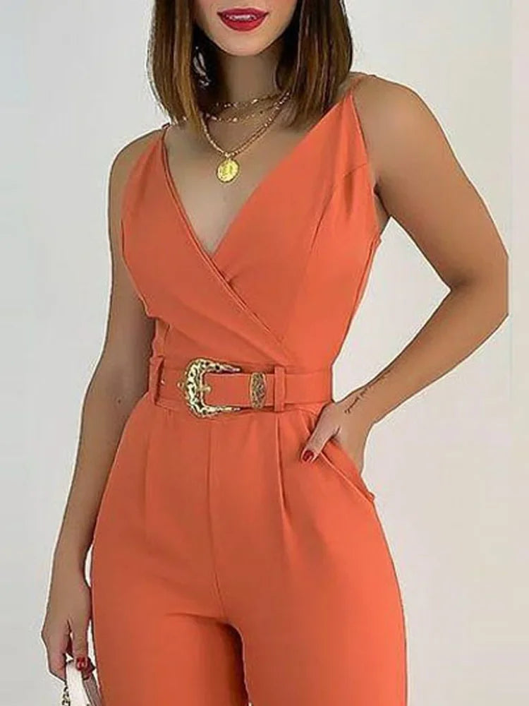 V-Neck Pocket Detail Cami Jumpsuit with Belt