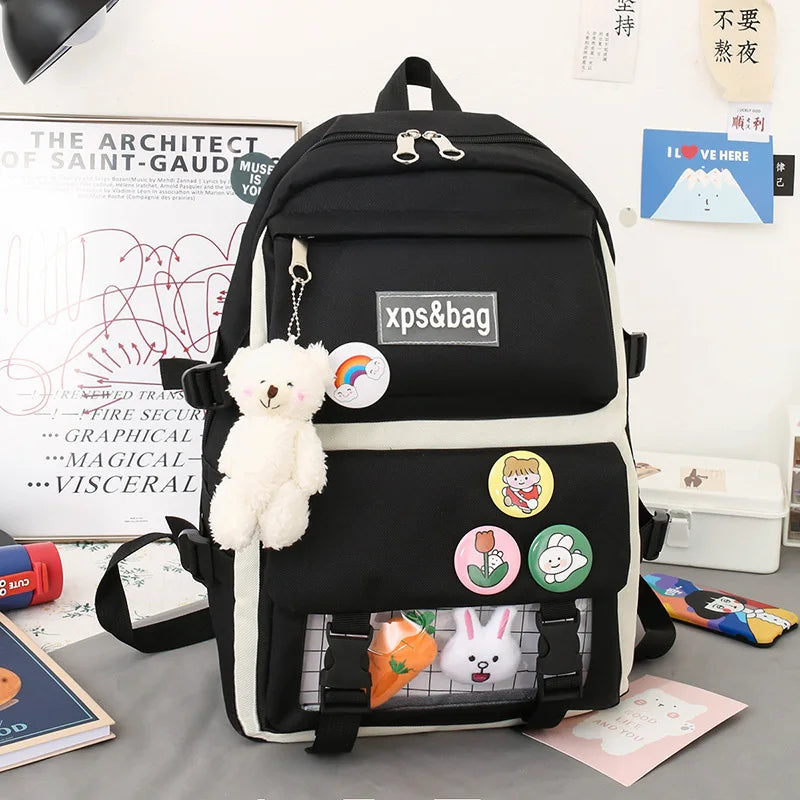 Four Piece Backpack With Teddy Bear Pendant