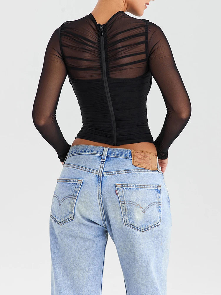 V Neck Layered Skinny Mesh