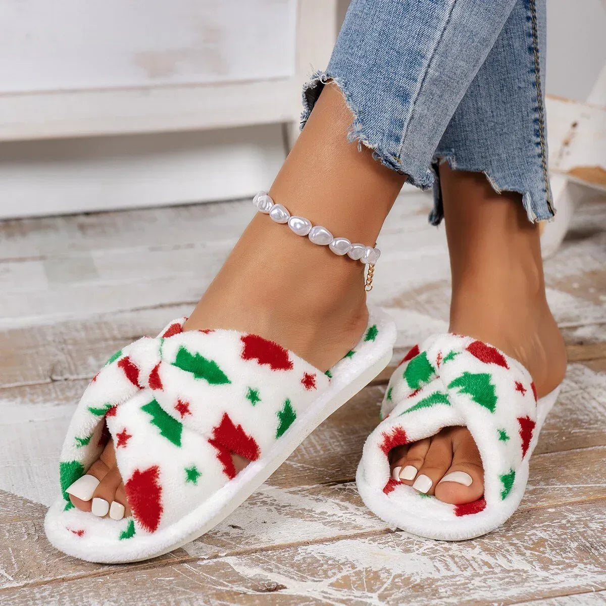 Christmas Tree Pattern Furry Bedroom Slippers Christmas Tree / 7.5