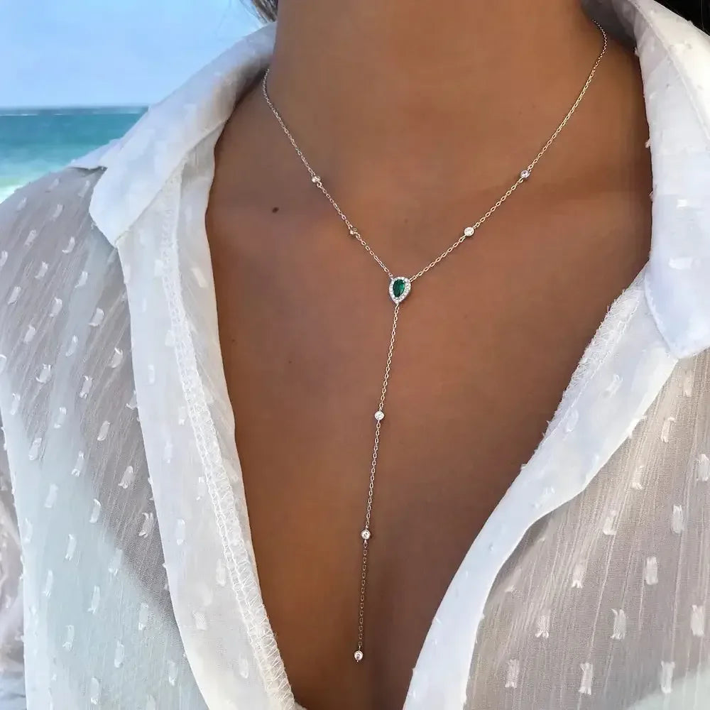 Emerald Green Teardrop Lariat Necklace Minimalist Y Drop Pendant for Women Silver green / United States