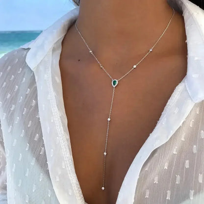 Emerald Green Teardrop Lariat Necklace Minimalist Y Drop Pendant for Women Silver green / United States