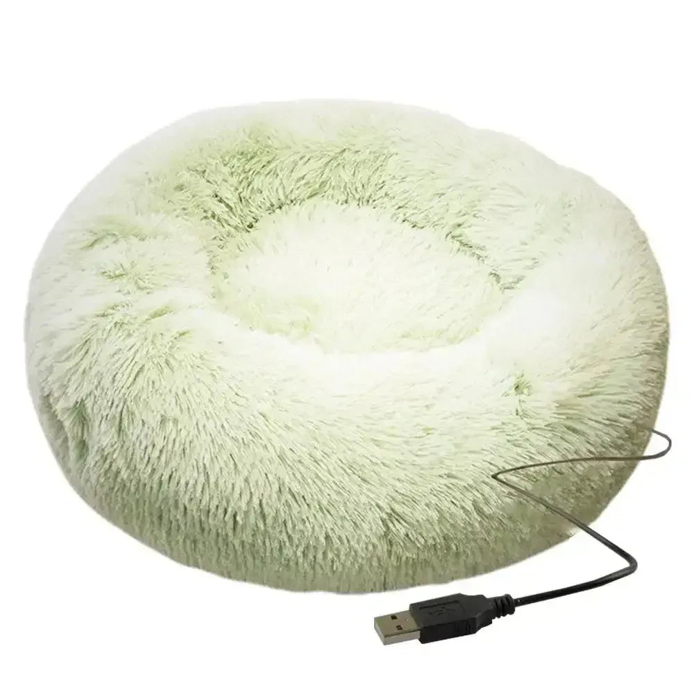 Round Dog Bed House Dog Mat Long Plush Cats Nest USB Heating Dog Basket Pet Cushion Soft Sleeping Pets Winter Warmth Supplies light green / M / United States