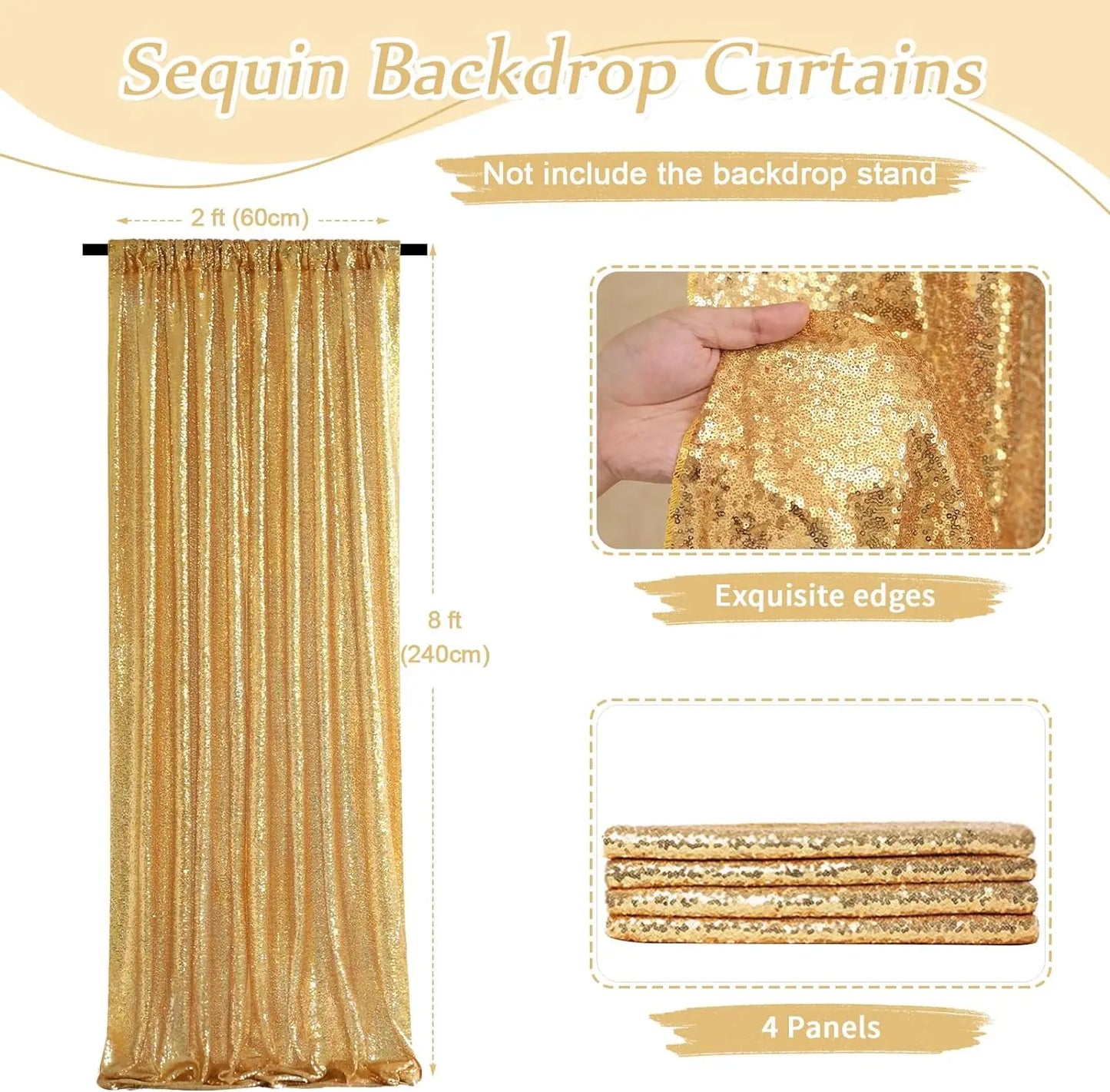 Gold Sequin Backdrop Curtains 4-Pack – 2×8FT Glitter Panels for Events Gold / 4Pcs-2ft x 8ft / United States