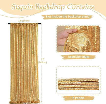 Gold Sequin Backdrop Curtains 4-Pack – 2×8FT Glitter Panels for Events Gold / 4Pcs-2ft x 8ft / United States