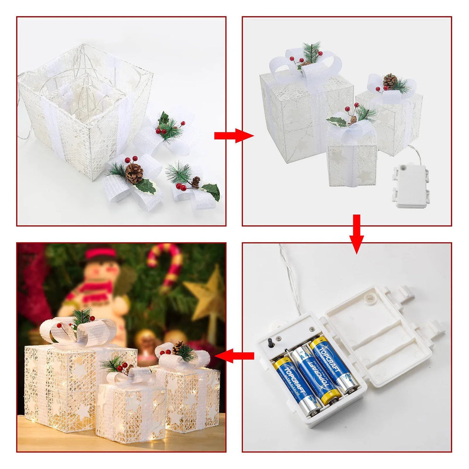 Set of 3 LED Christmas Gift Boxes with Green Bows