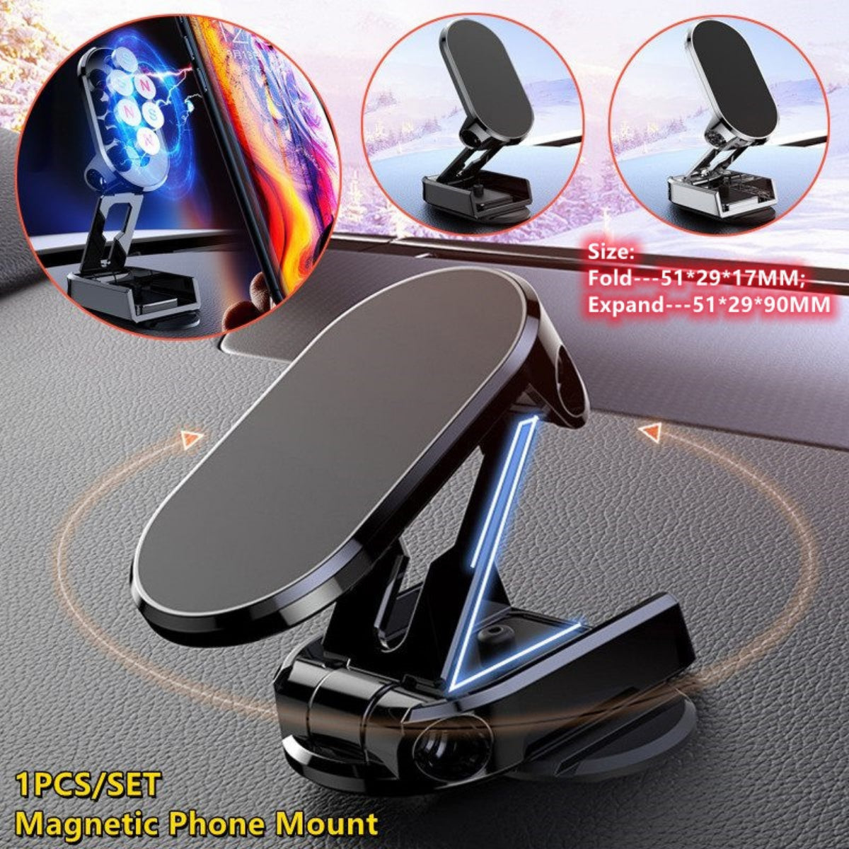 Car phone mount with powerful magnets and rotation.