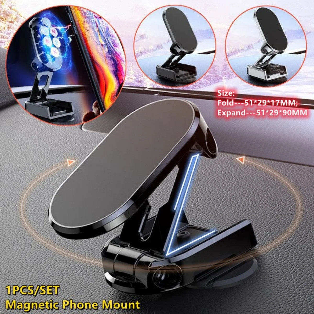 Magnetic phone holder for car air vent and dashboard.