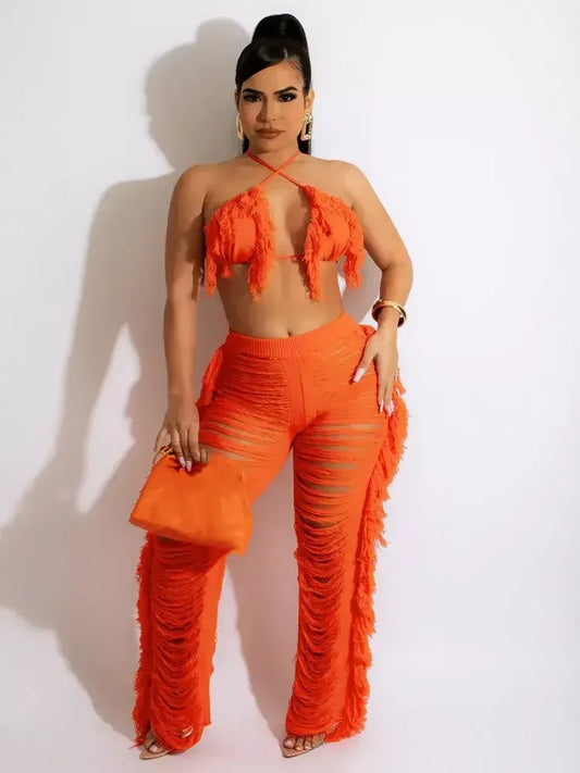 Crochet Beach Wear Set Orange / S