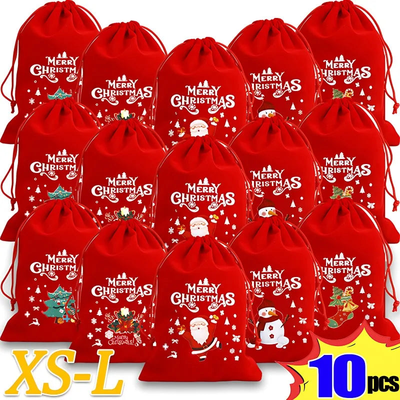 Red Christmas Velvet Bags Santa Candy Snack Drawstring Pouch