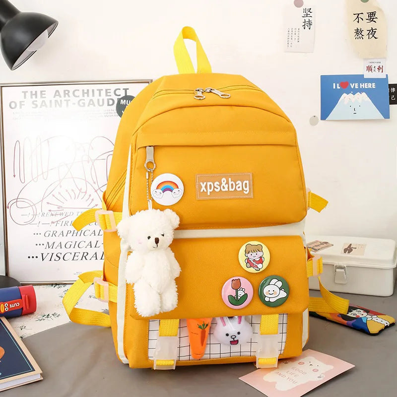 Four Piece Backpack With Teddy Bear Pendant