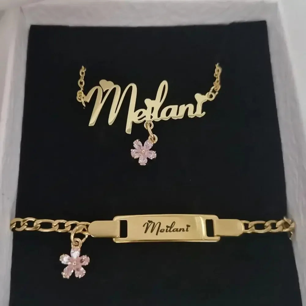 Custom Name Jewelry Set – Personalized Kids Necklace & Bracelet Gift Pink / 45cm / Set|United States