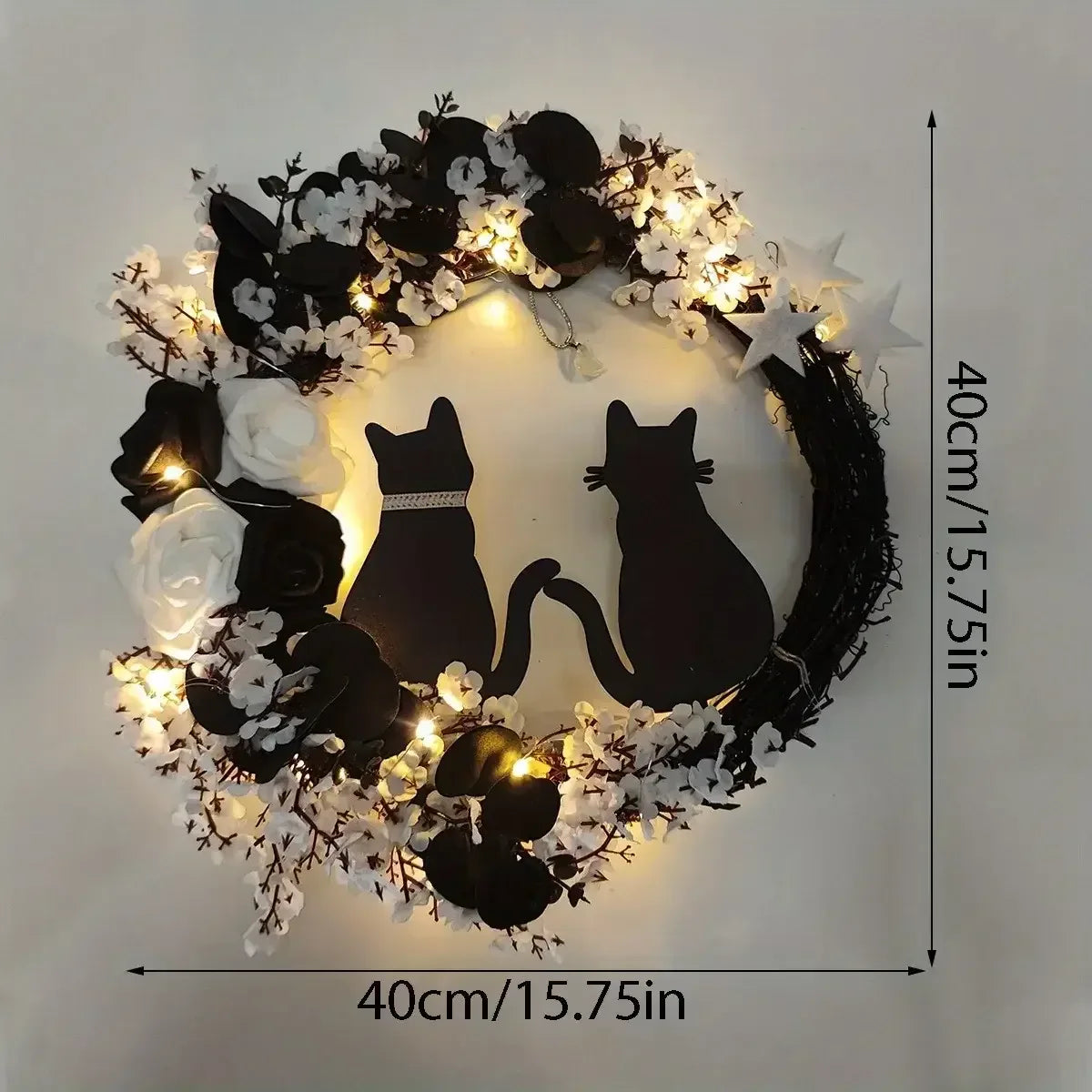 Black Cat Halloween Wreath – Crescent Spooky Front Door Décor White / United States
