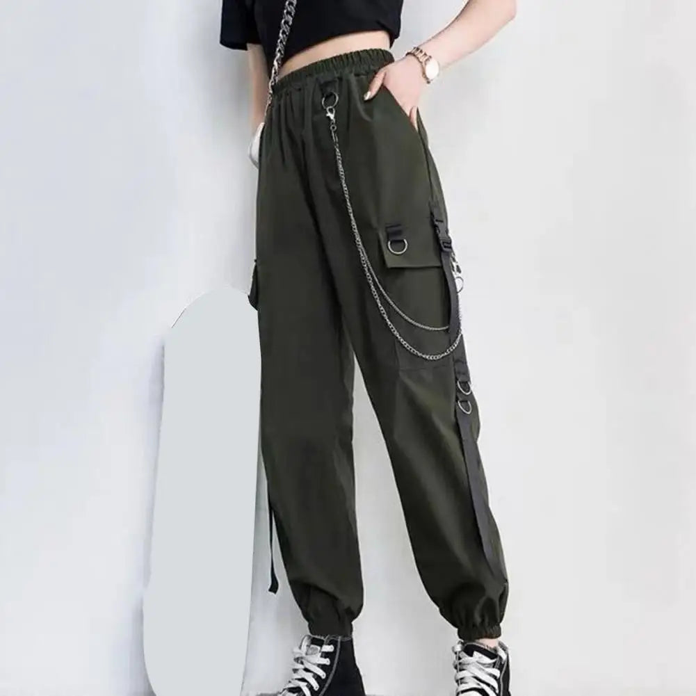 Women Cargo Pants Chain Decor Multi Pockets High Elastic Waist Pants