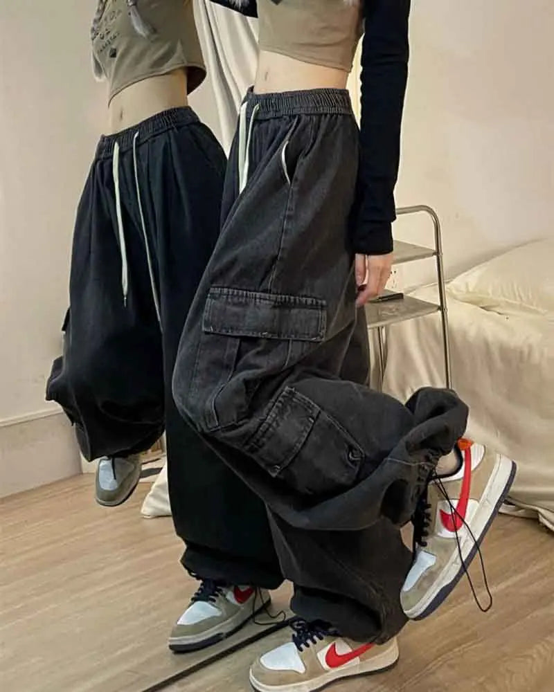 Elastic Waist Straight Wide Leg Pants Oversized Baggy Denim Trousers