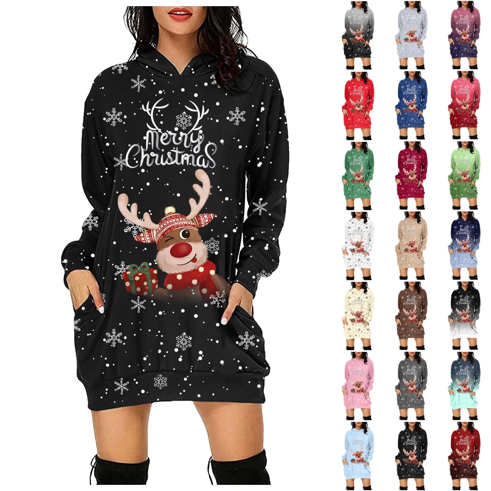 Women & Girls Christmas Sweatshirt Dress – Snowflakes & Reindeer Print, Long Sleeve