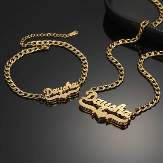 Double Plated Coustom Luxury Set Jewelry Unique Name Necklace Bracelet Silver-Set / United States