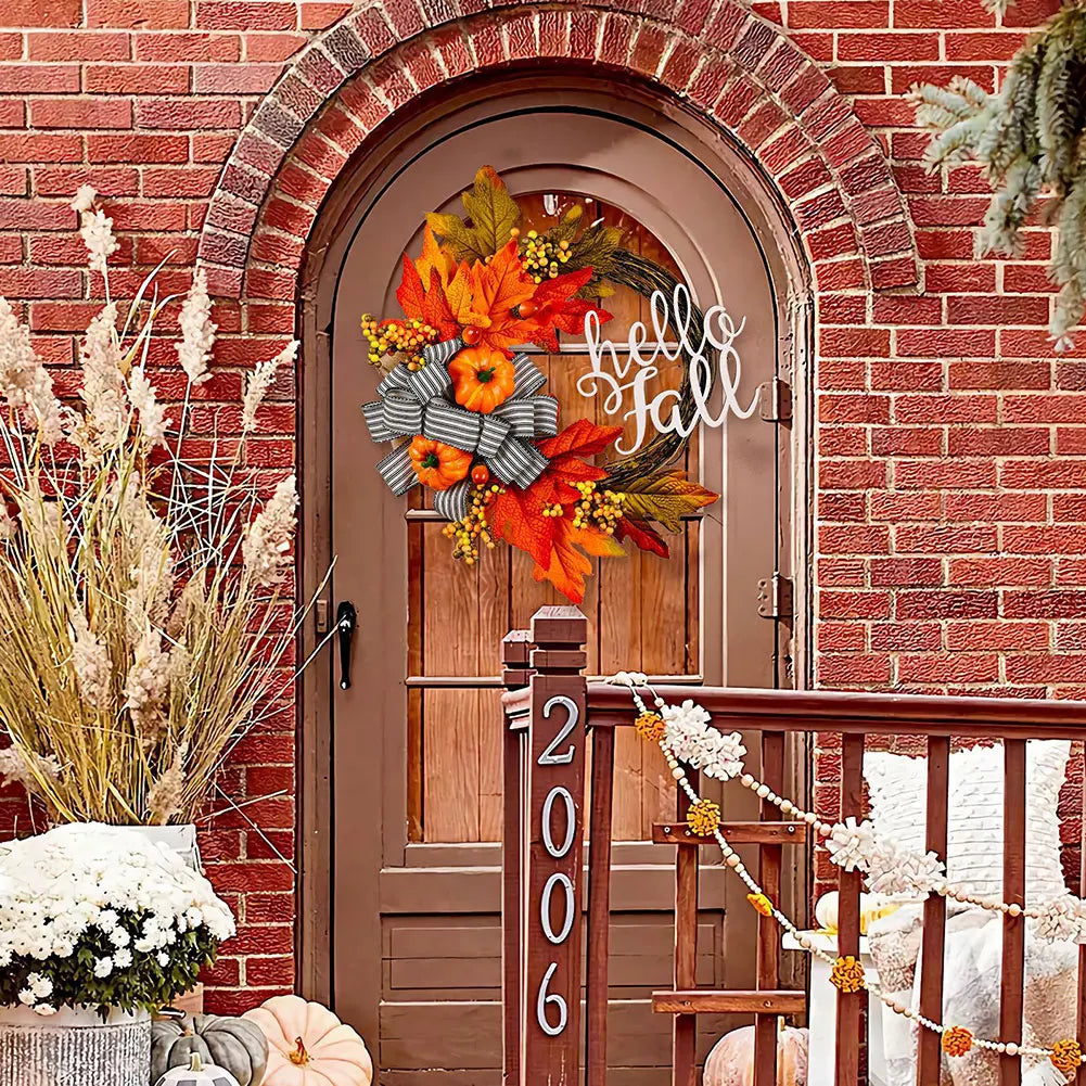 40cm Maple Leaf Pumpkin Wreath Front Door Autumn Wreath for Thanksgiving Harvest Party Decor