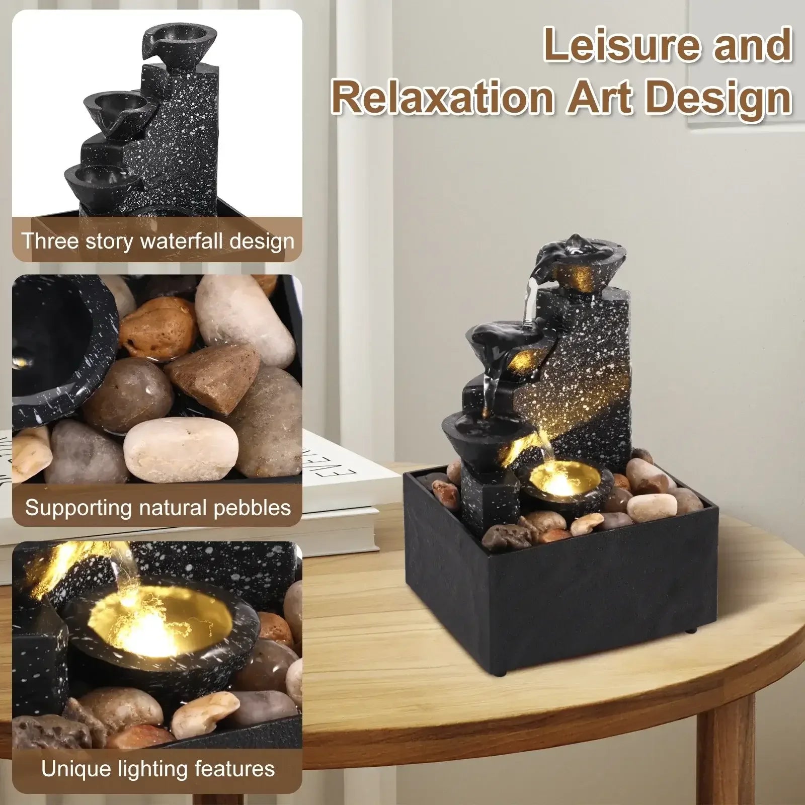 Desktop Waterfall Fountain Ornament – Mini Relaxing Home & Office Decor black 2pcs / United States