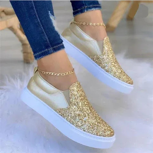 Moccasins Glitter Flat Female Loafers Shoes Black/Rose Gold/Black/Gold Gold / 6