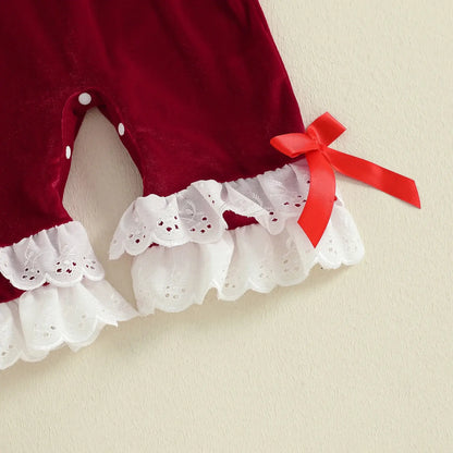 Baby Girls Christmas Velvet Romper – Long Sleeve Santa Jumpsuit