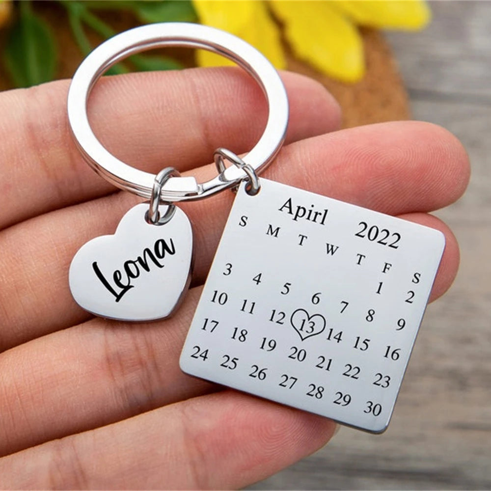 Custom Date Keychain Personalized Name Jewelry Calendar Keyring