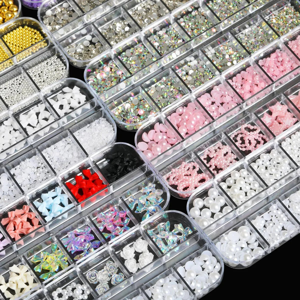 11 Boxes 3D Nail Art Decoration Set with Pearls, Rhinestones & Resin Flowers