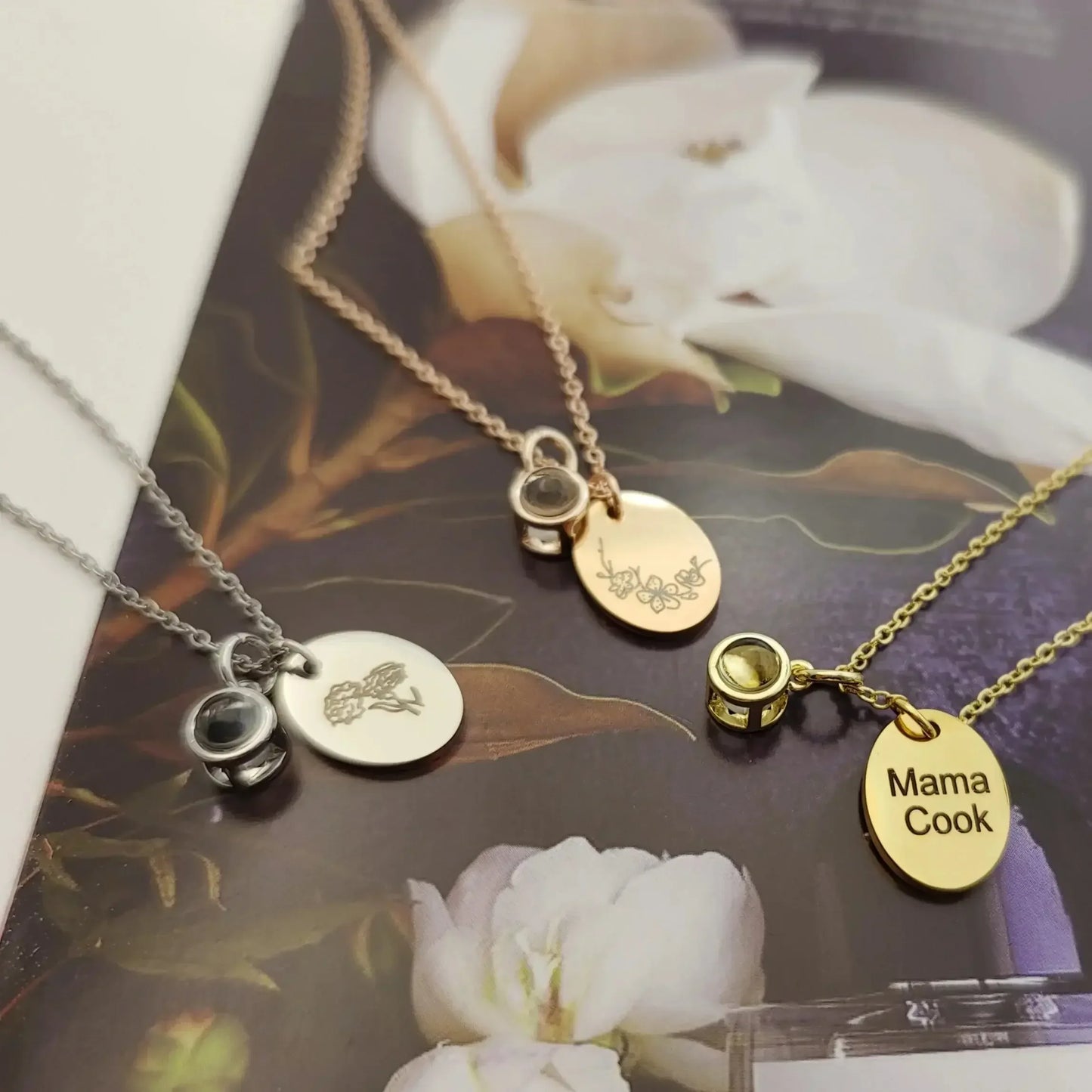 Custom Oval Photo Projection Necklace Birth Flower Name Pendant Gold color / March / United States|Leave name to seller