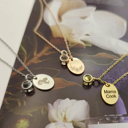 Custom Oval Photo Projection Necklace Birth Flower Name Pendant Gold color / March / United States|Leave name to seller