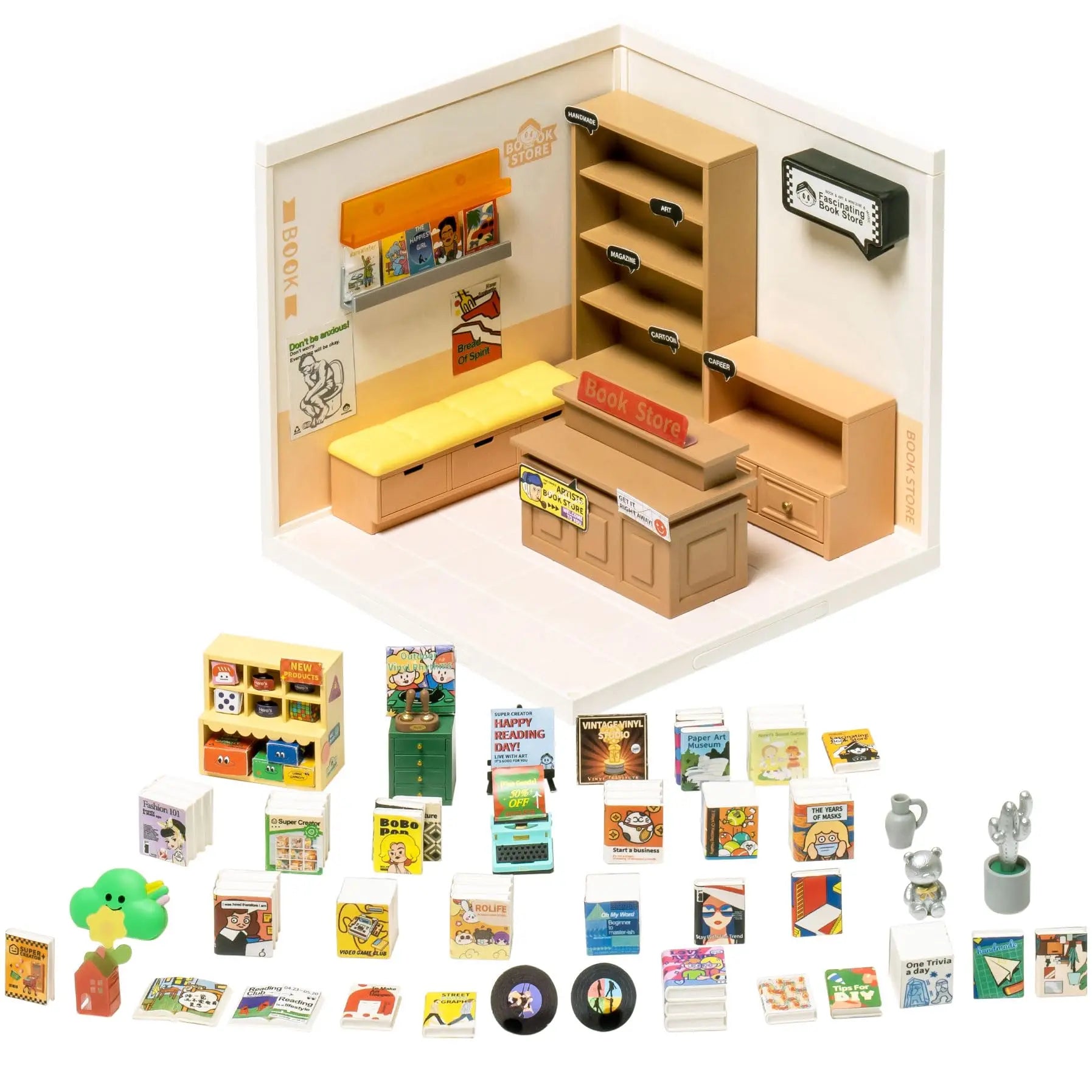 Robotime Rolife Super Creator Miniature Building Kit – Bookstore, Bakery & Bubble Tea Shop